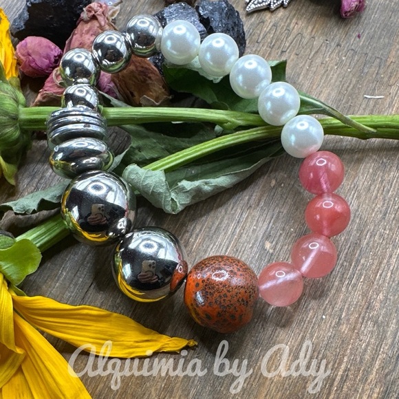 Big oversized cherry quartz and Ocean jasper beaded bracelet - Picture 1 of 2